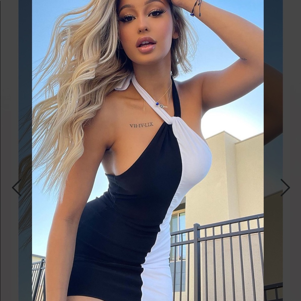 Double lined halter half white bald black dress